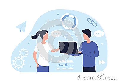 Teamwork concept of business analysts. A woman and a man with a laptop develop a strategy to increase sales, study statistics, ana Vector Illustration