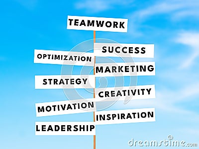 Teamwork Concept Business keywords Signs On Blue Sky background. business Teamwork and Success Concept Stock Photo
