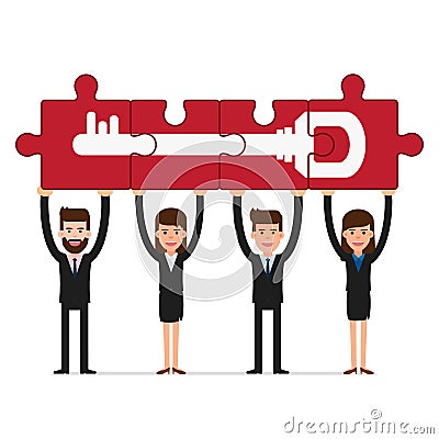 Teamwork concept. Business people holding puzzle success key. Vector Illustration