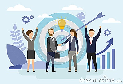 Teamwork concept. Business people in process of organization success by setting the right marketing target. Flat style Vector Illustration