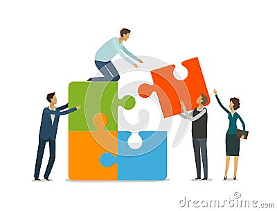 Teamwork concept. Business people with puzzle pieces working together. Infographics vector illustration Vector Illustration