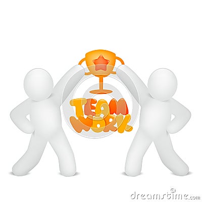 Teamwork concept card with two stickman characters holding golden cup Cartoon Illustration