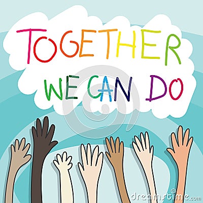 Teamwork concept. drawing cartoon of people raising hands isolated on gradient blue background with copy space and text together Vector Illustration