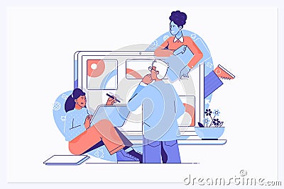 Teamwork concept. Teamwork on finding new ideas line vector illustration Vector Illustration