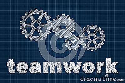 Teamwork concept with gears on blueprint Vector Illustration