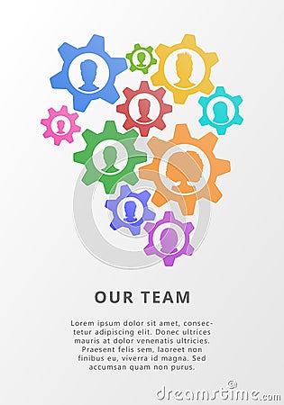 Teamwork concept with gears and people icon avatars. Flat vector illustration for business meeting, project managemt Cartoon Illustration