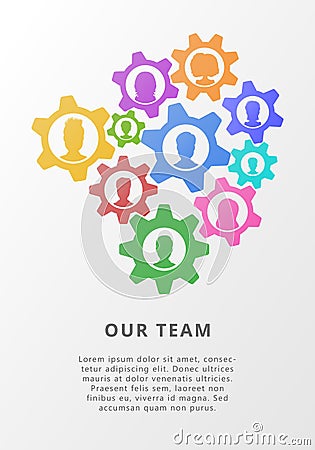 Teamwork concept with gears and people icon avatars. Flat vector illustration for business strategy, management, team work Cartoon Illustration