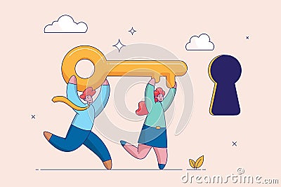 Teamwork concept. Key to success, people to help solve problem, career opportunity, unlock secret or discovery Vector Illustration