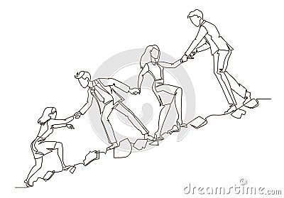 Teamwork Concept Outline. Business People Climbing Together in Mountain Continuous Line Art. Partnership, Motivation Vector Illustration