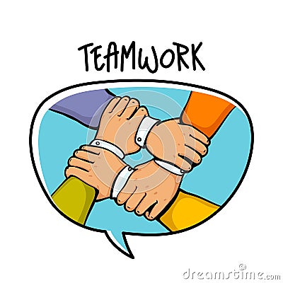 Teamwork concept. Stack of business hands. Cooperation Teamwork, Group, Partnership,Team buidding. Vector Illustration