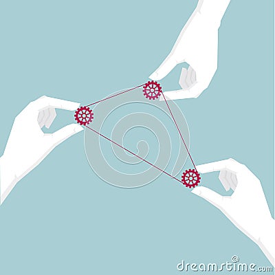 Teamwork concept, three hands holding gears. Vector Illustration