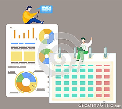 Teamwork concept, collaboration and discussion graphical business report with charts and graphs Vector Illustration