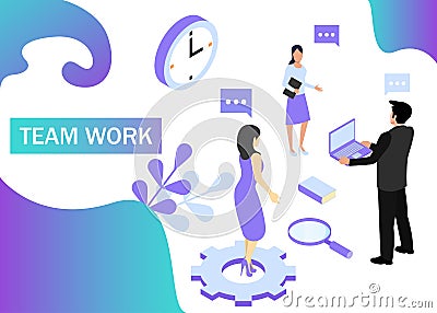 Teamwork concept in violet colors. Use for web banner, infographics, strategies. Isometric projection. Vector illustration Vector Illustration