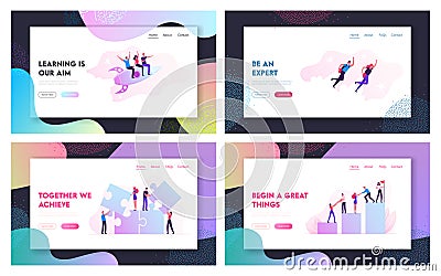 Teamwork Cooperation, Business Challenge Website Landing Page Set. Businesspeople Flying by Rocket, Climbing Chart Vector Illustration