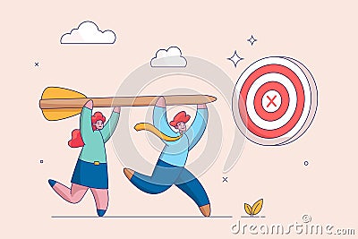 Teamwork or corporate mission concept. Aiming at target, reaching goal or achievement, team collaboration or partnership Vector Illustration