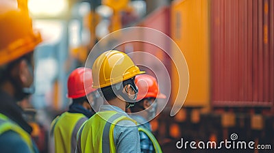 Teamwork and determination to succeed. Safety hard hat to prevent accident while working Transport and Container Stock Photo