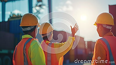 Teamwork and determination to succeed. Safety hard hat to prevent accident while working Transport and Container Stock Photo