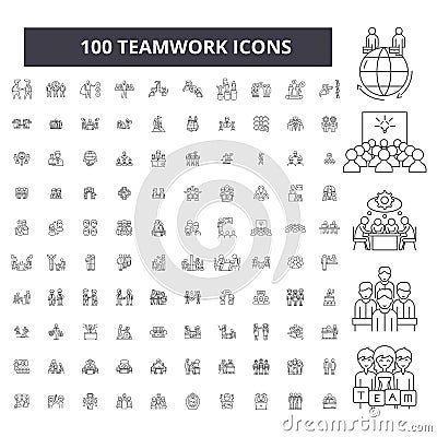 Teamwork editable line icons, 100 vector set, collection. Teamwork black outline illustrations, signs, symbols Vector Illustration