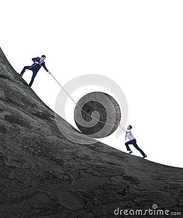 Teamwork example with business people pushing stone to top Stock Photo