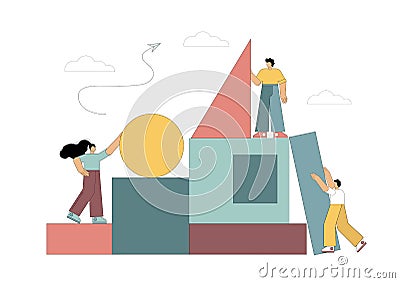 Teamwork. Flat people stack geometric shapes. Folding the puzzle. Cartoon Illustration