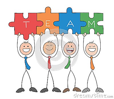 Teamwork, four stickmen businessmen holding connected team jigsaw puzzle pieces, hand drawn outline cartoon vector illustration Vector Illustration