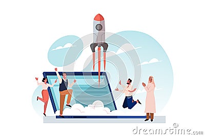 Teamwork, goal achievement, success, business startup launch concept Vector Illustration