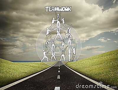 Teamwork graphic with businessmen on counrtyside Stock Photo