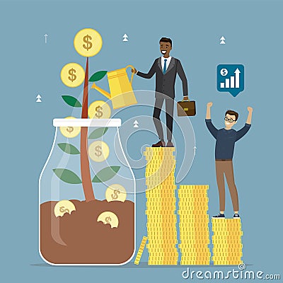 Teamwork, group of successful businessmen growing money tree. Plant in glass jar. Investment process. Increasing profits, earnings Vector Illustration