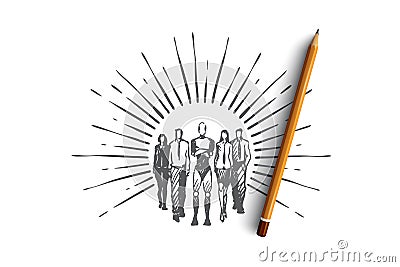 Teamwork, HCI, automation, technology, team concept. Hand drawn isolated vector. Vector Illustration