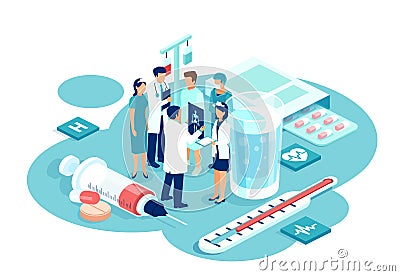 Vector of group of doctors of different subspecialties brainstorming patient diagnosis and treatment options Stock Photo