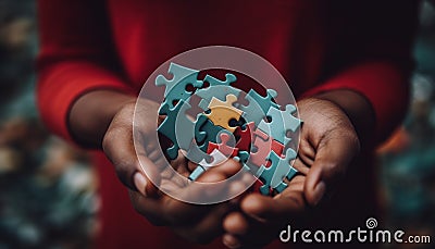 Teamwork holding jigsaw pieces, creating solutions for success together generated by AI Stock Photo