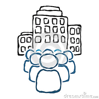 Teamwork. Icon large company business people. Group of people. People on the background of buildings. Vector illustration. Simple Vector Illustration