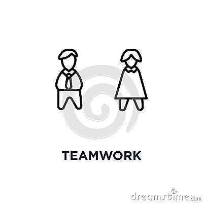 teamwork icon, symbol of problem solution, team of three cute cartoon people are discussing a new idea, team work in outline Vector Illustration