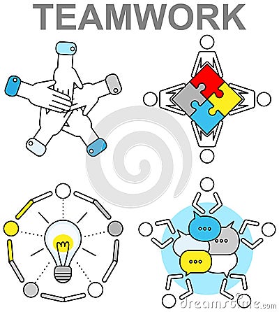 Teamwork icons planning business, launching idea. People brainstorming, meeting and teambuilding, startup Vector Illustration