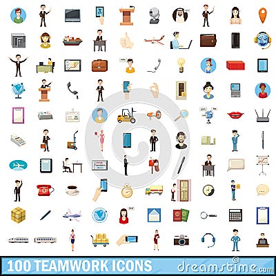 100 teamwork icons set, cartoon style Vector Illustration