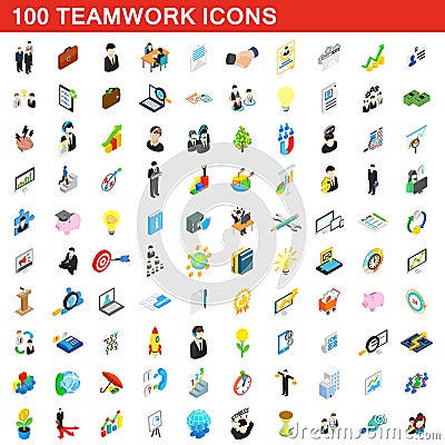 100 teamwork icons set, isometric 3d style Vector Illustration