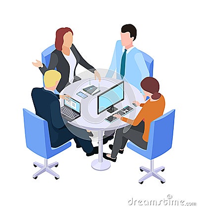 Teamwork. Isometric business meeting, people talking about project at table or working process. Brainstorm vector Vector Illustration