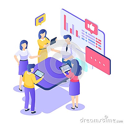 Teamwork isometric concept. Startup creativity business group employees. People in team goal thinking. Vector Vector Illustration