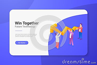 Teamwork Isometric Flat vector illustration concept. Team People helping business to grow Vector Illustration