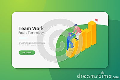 Teamwork Isometric Flat vector illustration concept. Team People helping business to grow Vector Illustration