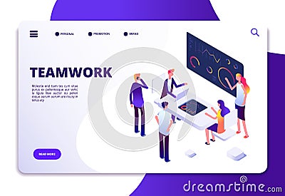 Teamwork isometric landing page. Cartoon business people working at office desk with computers. Business workspace Vector Illustration