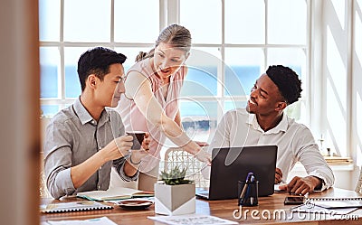Teamwork, laptop and meeting with a female leader, manager or boss and team in a boardroom. Computer, collaboration and Stock Photo