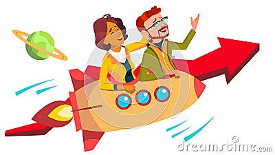 Teamwork And Leader Vector. Team Of Female And Male Businessmen Riding Rocket And Flying Up Together. Illustration Vector Illustration