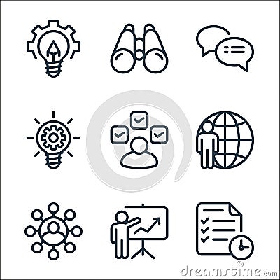 teamwork line icons. linear set. quality vector line set such as work schedule, presentation, connections, networking, skills, Vector Illustration