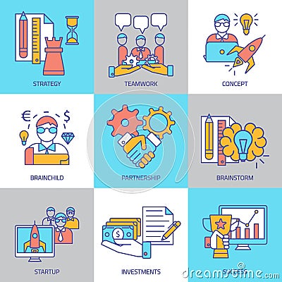 Teamwork Linear Colored Icons Vector Illustration