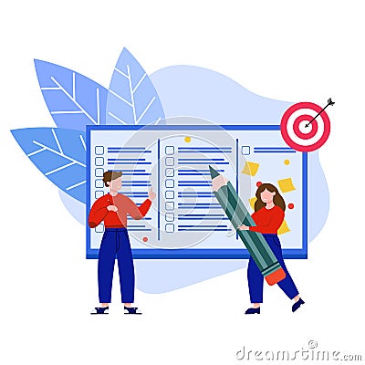 Teamwork on list. Workers with different knowledge Vector Illustration