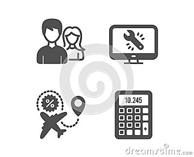 Teamwork, Monitor repair and Flight sale icons. Calculator sign. Vector Vector Illustration