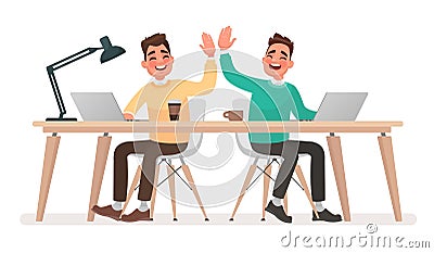 Teamwork. Office workers give five to each other. The concept Cartoon Illustration