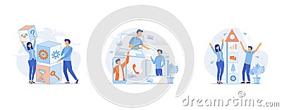 Teamwork online, common goals scenes set. Business meeting successful teamwork concept. Businessman and woman characters Vector Illustration