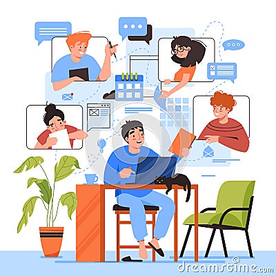 Teamwork online home office, team communication Vector Illustration